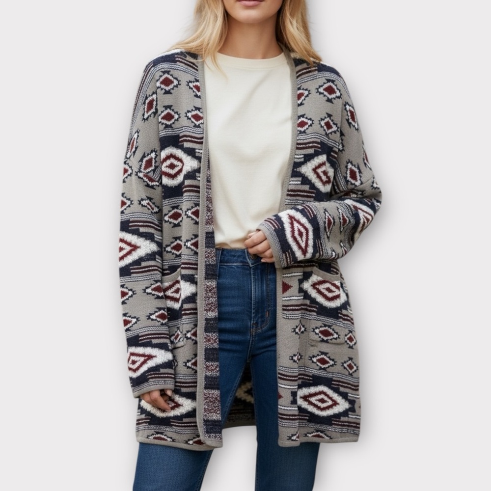 Natural Reflections Gray Wool Blend Aztec Southwest Long  Cardigan Sweater 1X